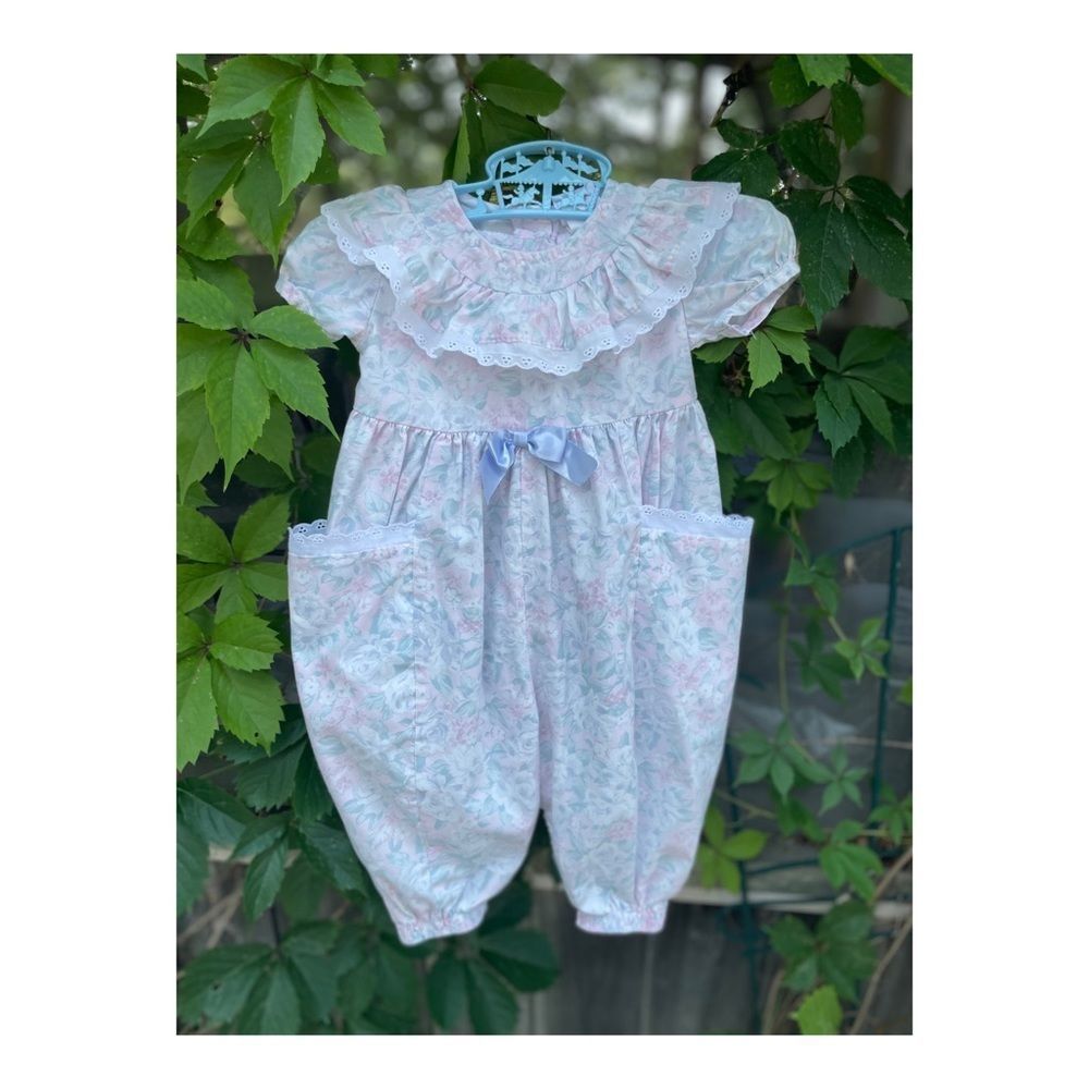 Vintage 80s Buster Brown Pastel Romper Lace Ruffle